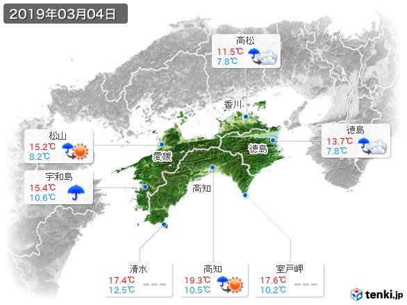 四国地方(2019年03月04日の天気