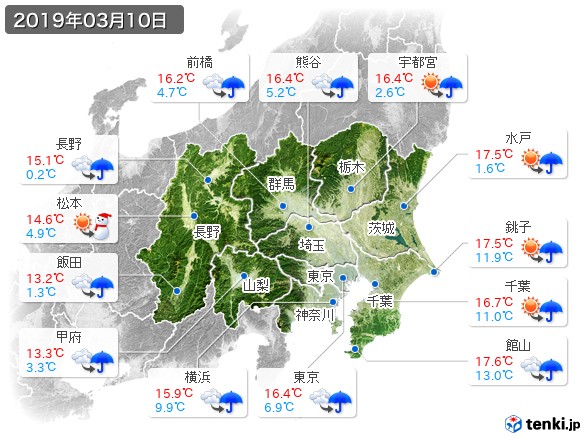 関東・甲信地方(2019年03月10日の天気