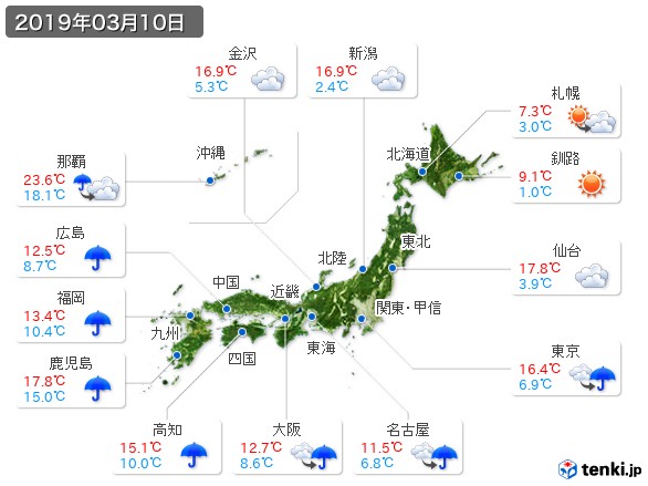 過去の天気 実況天気 19年03月10日 日本気象協会 Tenki Jp