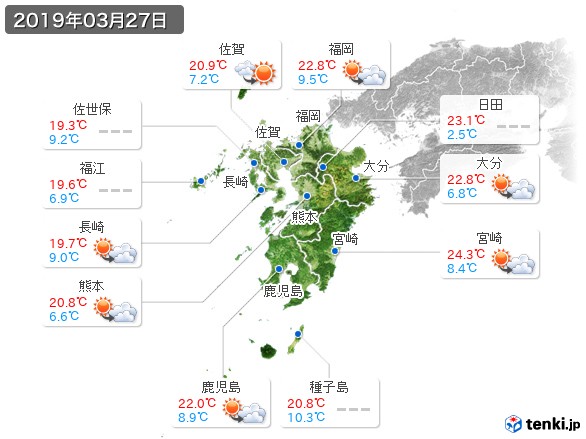 九州地方(2019年03月27日の天気