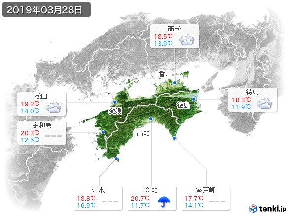四国地方(2019年03月28日の天気