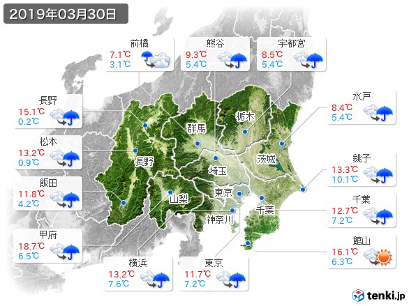 関東・甲信地方(2019年03月30日の天気