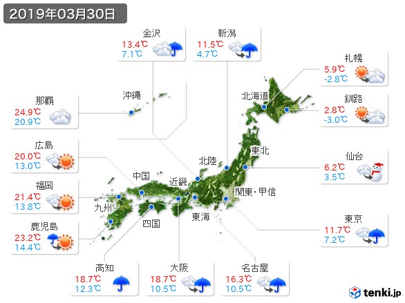 過去の天気 実況天気 19年03月30日 日本気象協会 Tenki Jp