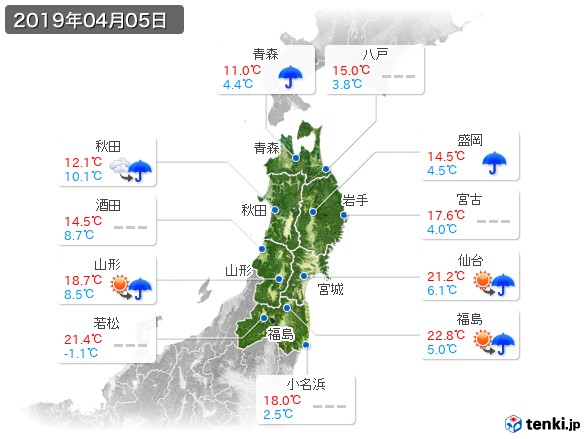 東北地方(2019年04月05日の天気