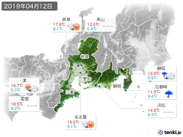 東海地方(2019年04月12日の天気