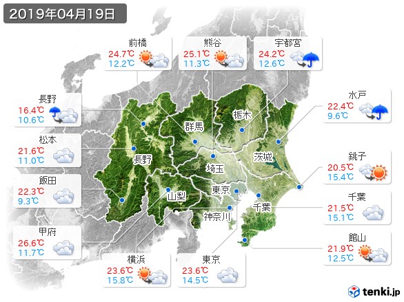 関東・甲信地方(2019年04月19日の天気