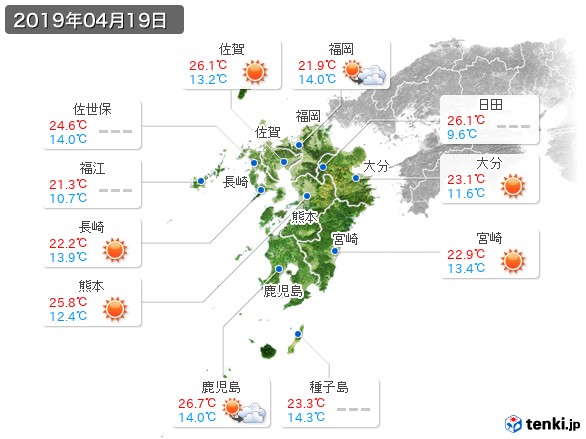 九州地方(2019年04月19日の天気