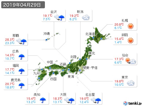 過去の天気 実況天気 2019年04月29日 日本気象協会 Tenki Jp