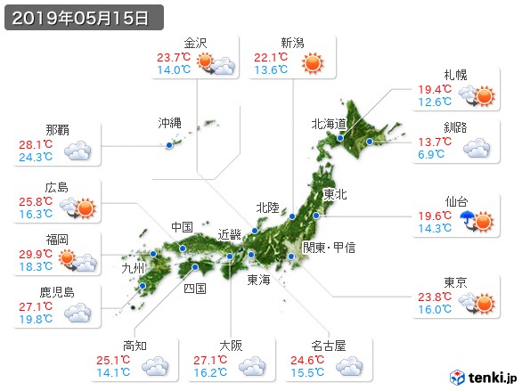 過去の天気 実況天気 19年05月15日 日本気象協会 Tenki Jp