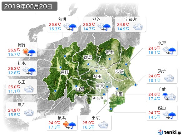 関東・甲信地方(2019年05月20日の天気