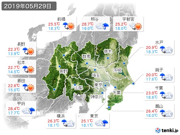 関東・甲信地方(2019年05月29日の天気