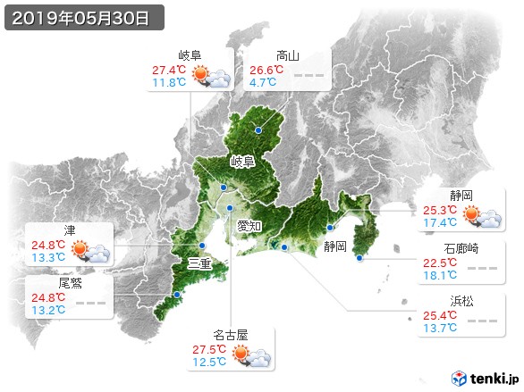 東海地方(2019年05月30日の天気