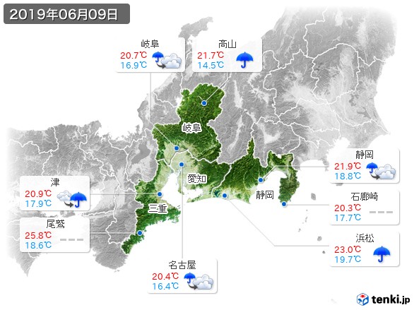 東海地方(2019年06月09日の天気