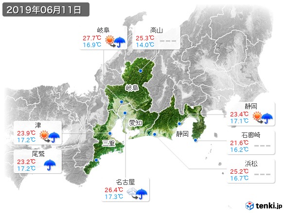 東海地方(2019年06月11日の天気