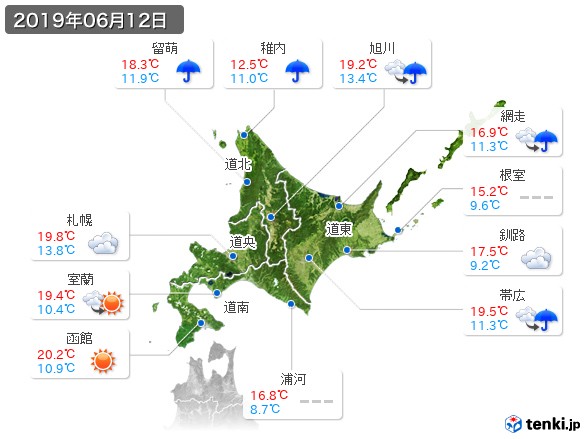 北海道地方(2019年06月12日の天気