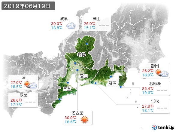 東海地方(2019年06月19日の天気