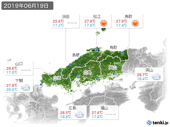中国地方(2019年06月19日の天気