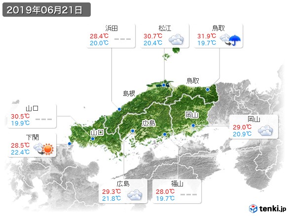 中国地方(2019年06月21日の天気