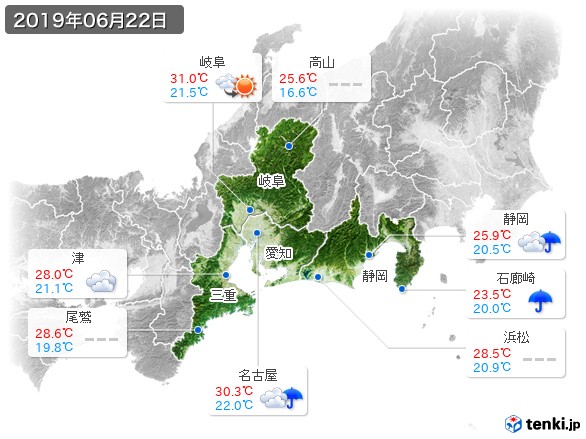 東海地方(2019年06月22日の天気