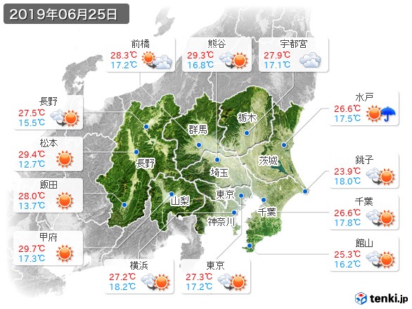 関東・甲信地方(2019年06月25日の天気