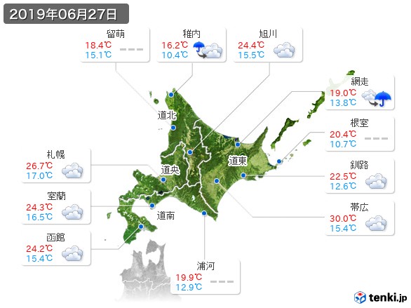北海道地方(2019年06月27日の天気