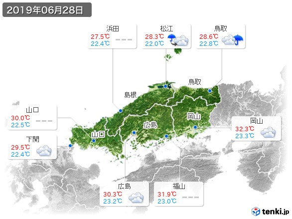 中国地方(2019年06月28日の天気