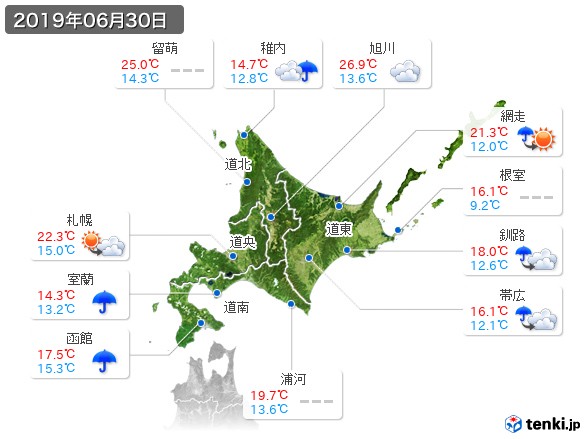 北海道地方(2019年06月30日の天気