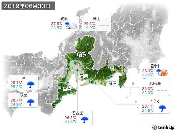 東海地方(2019年06月30日の天気