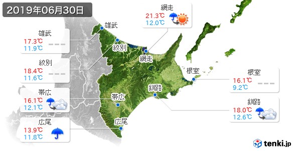 道東(2019年06月30日の天気