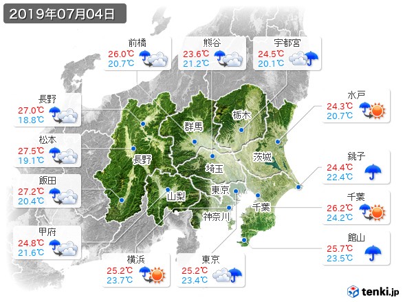 関東・甲信地方(2019年07月04日の天気