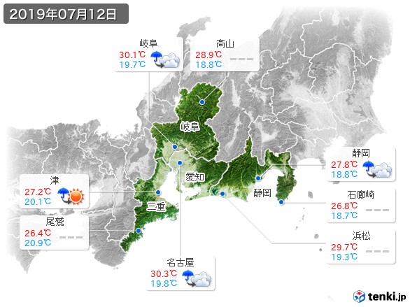 東海地方(2019年07月12日の天気
