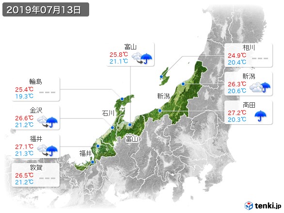 北陸地方(2019年07月13日の天気