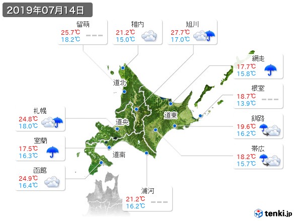 北海道地方(2019年07月14日の天気