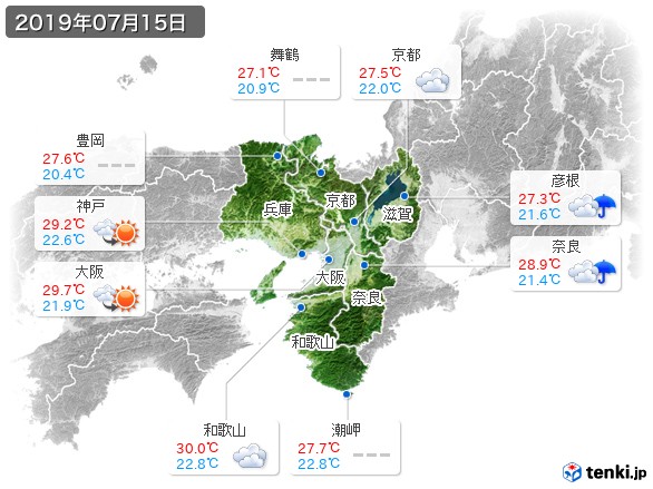 近畿地方(2019年07月15日の天気