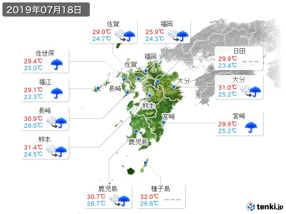 九州地方(2019年07月18日の天気
