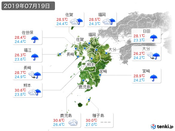 九州地方(2019年07月19日の天気