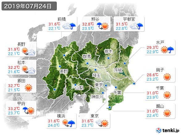 関東・甲信地方(2019年07月24日の天気