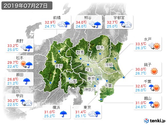 関東・甲信地方(2019年07月27日の天気