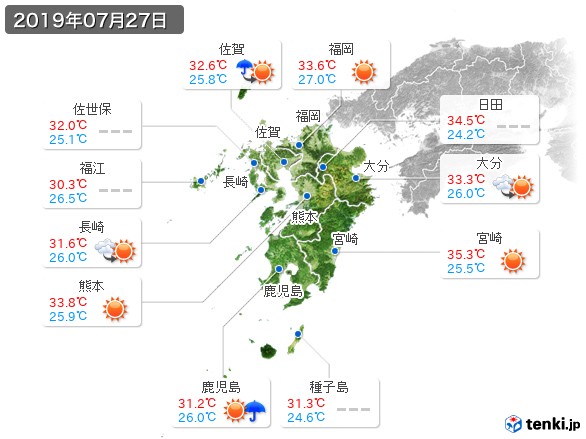 九州地方(2019年07月27日の天気