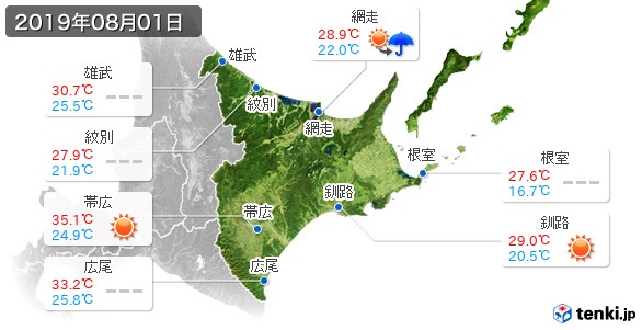 道東(2019年08月01日の天気