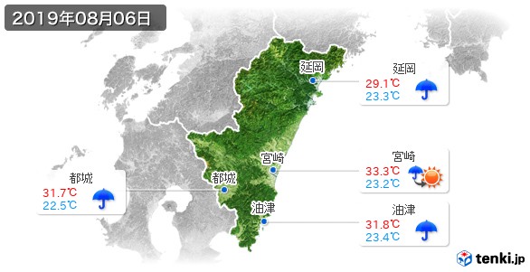 宮崎県の過去の天気(実況天気・2019年08月06日) - 日本気象協会 tenki.jp