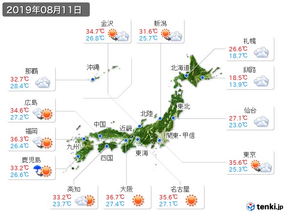 過去の天気 実況天気 19年08月11日 日本気象協会 Tenki Jp