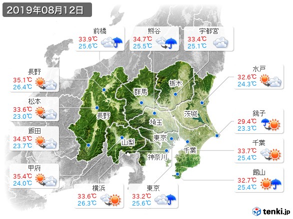 関東・甲信地方(2019年08月12日の天気