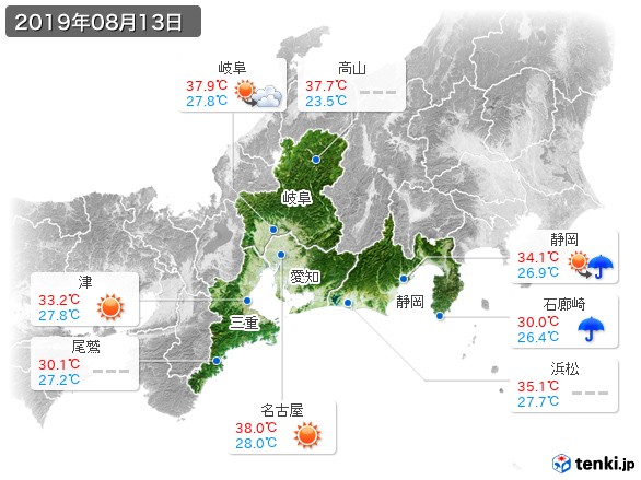 東海地方(2019年08月13日の天気