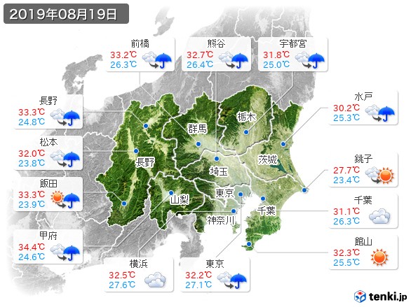 関東・甲信地方(2019年08月19日の天気