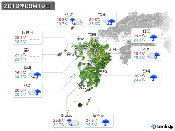 九州地方(2019年08月19日の天気