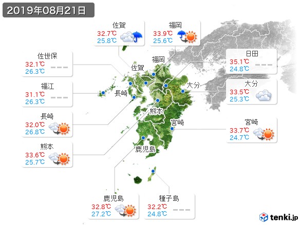 九州地方(2019年08月21日の天気