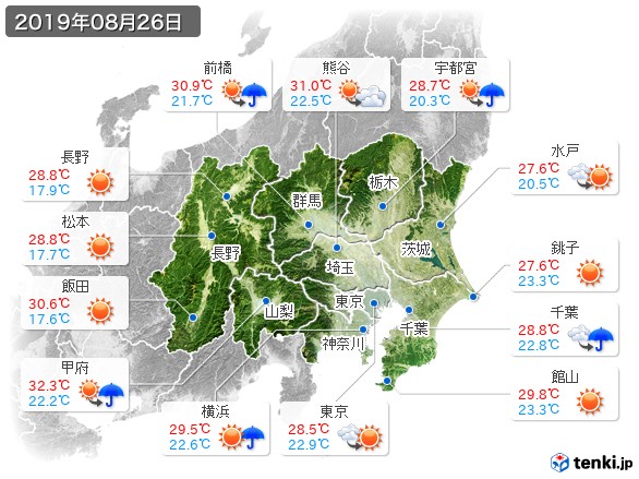 関東・甲信地方(2019年08月26日の天気