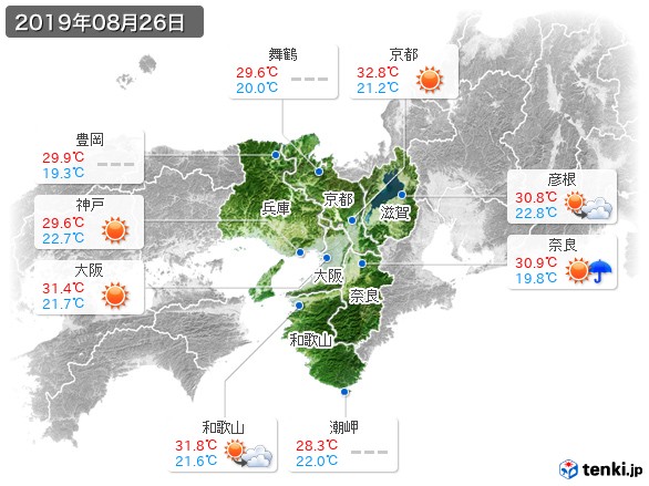 近畿地方(2019年08月26日の天気