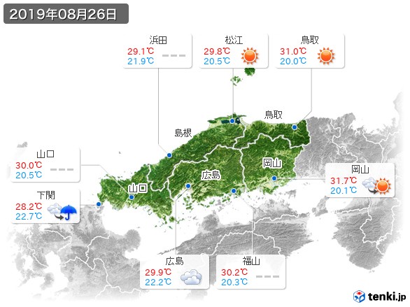 中国地方(2019年08月26日の天気